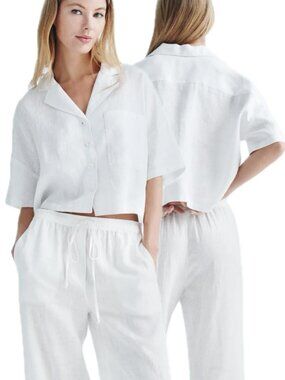 (NWOT) DKNY Linen-Blend Camp Boxy Cropped Short-Sleeve Button-Up Shirt (White)